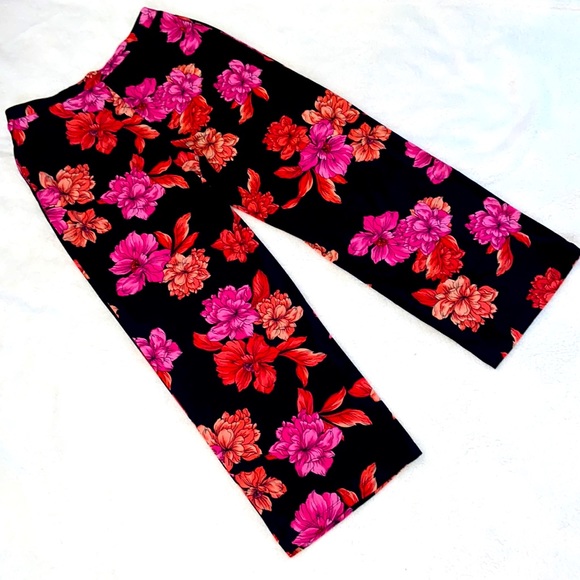 Susan Graver Regular Printed Liquid Knit Pull-On Wide Leg Pants ~ Black/Coral - Picture 3 of 8